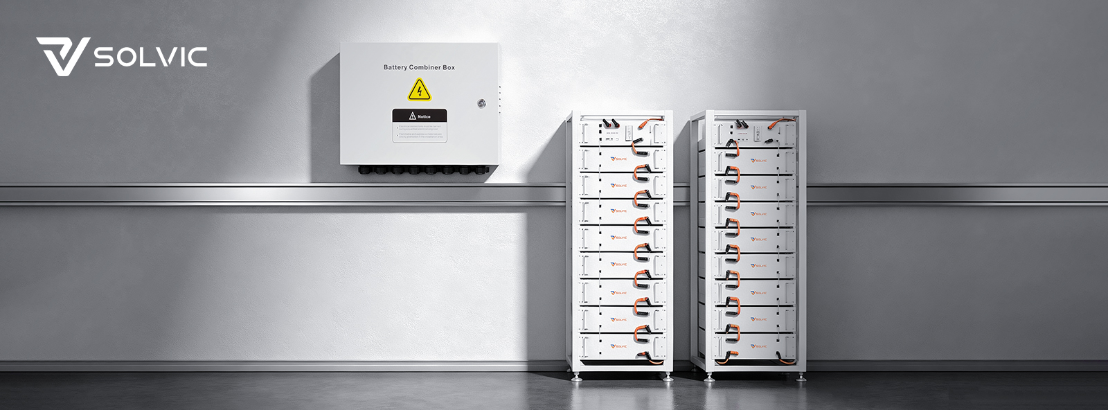 Battery combiner box poster banner – energy storage system with battery rack, combiner box, and inverter, consolidating multiple battery strings into single DC output for commercial and residential ESS